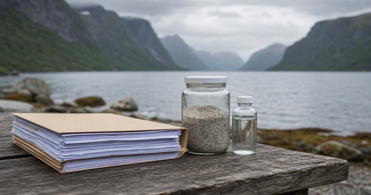 Fjord, rettsdokumenter og prøver av mineralmasse etter Høyesteretts dom i Førdefjorden-saken