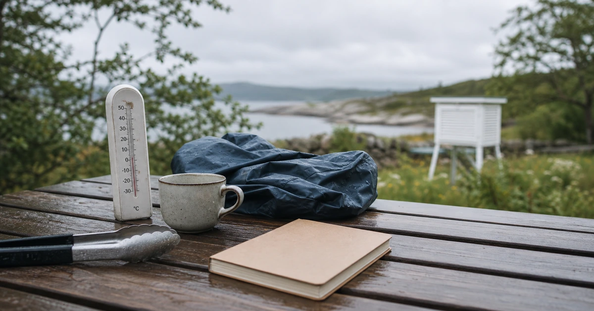 Norsk utebord med termometer, grillklype, regnjakke og værstasjon i bakgrunnen